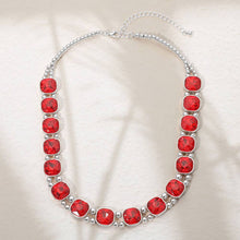 Clear Silver Square Faceted Stone Bezel Link Evening Necklace