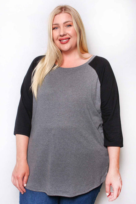 Heather Grey Plus 3/4 Sleeve Scoop Neck Raglan Tee