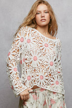 Off White Pink Floral Weave Round Neck Long Sleeve Crochet POL Top