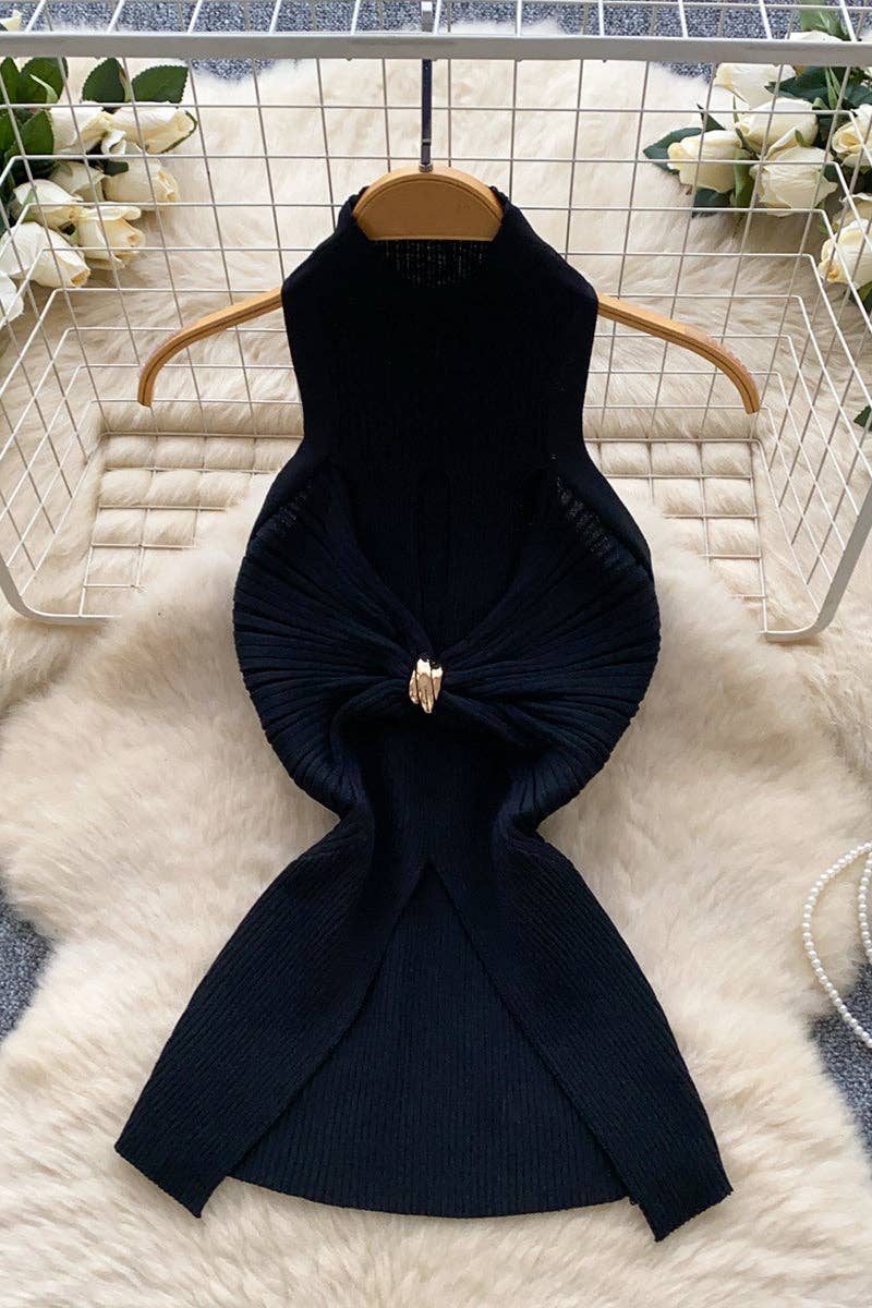 Black High Neck Ruched Cutout Tank Top