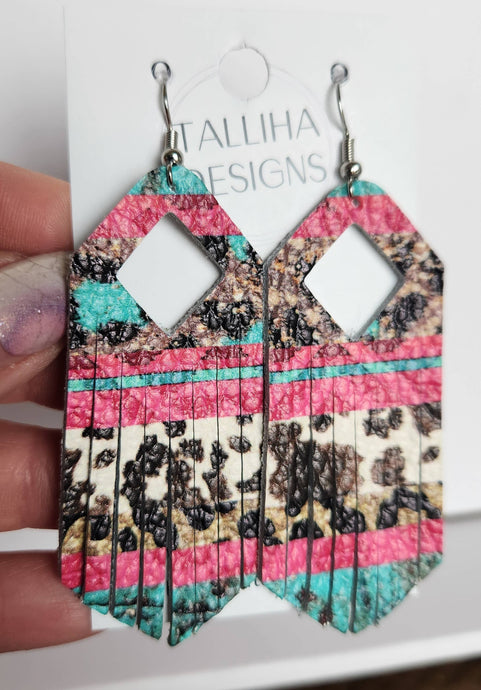 Pink Turquoise Leopard Leather Boho Western Fringe Earrings