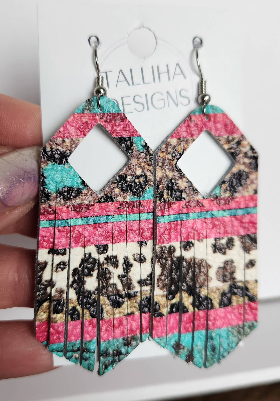 Pink Turquoise Leopard Leather Boho Western Fringe Earrings