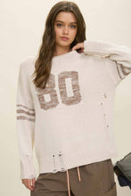 Oatmeal Distressed Long Sleeve Varsity Knit Top