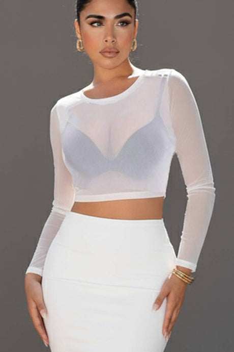 White Solid Mesh Sheer Crop Top