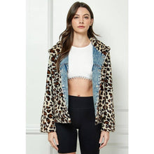 Med Wash Denim Leopard Fur Hoodie Revesible Veveret Jacket