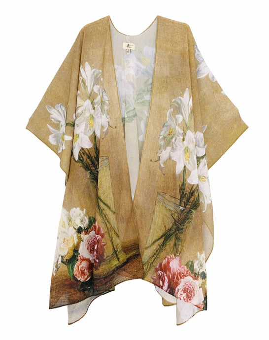 Camel-Multi  Lily Floral Painting Kimono
