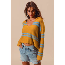 FUZZY HAIRY STRIPE DEEP U NECK SWEATER TOP: MUSTARD/DT BLUE / S