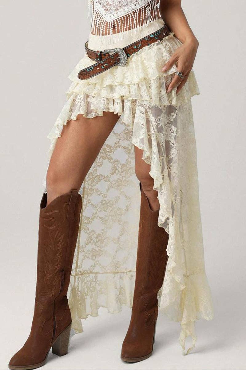 Beige Ruffled Asymmetrical High Low Skirt