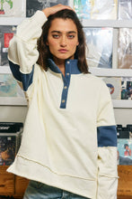 Cream Washed Blue Color-Block Snap-Neck Sweatshirt
