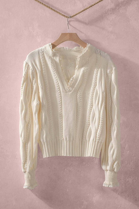 Ivory Lace Trim Cable Knit Pullover Urban Daizy Sweater