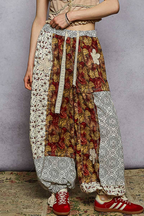 Red Multi Crochet patch detail contrast patchwork printed woven POL pants