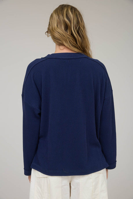Navy Crew Neck Ribbed Long Sleeve Knit Top
