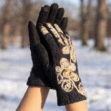 Black Rosette Embroidered Knit Touchscreen Gloves