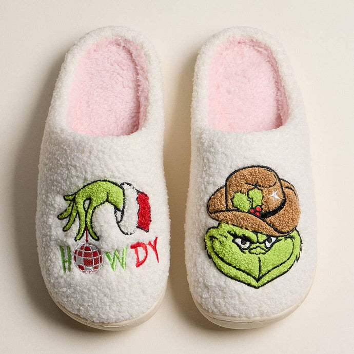 Ivory Pink Howdy Western Grinch Holiday Indoor Slippers: Ivory Pink