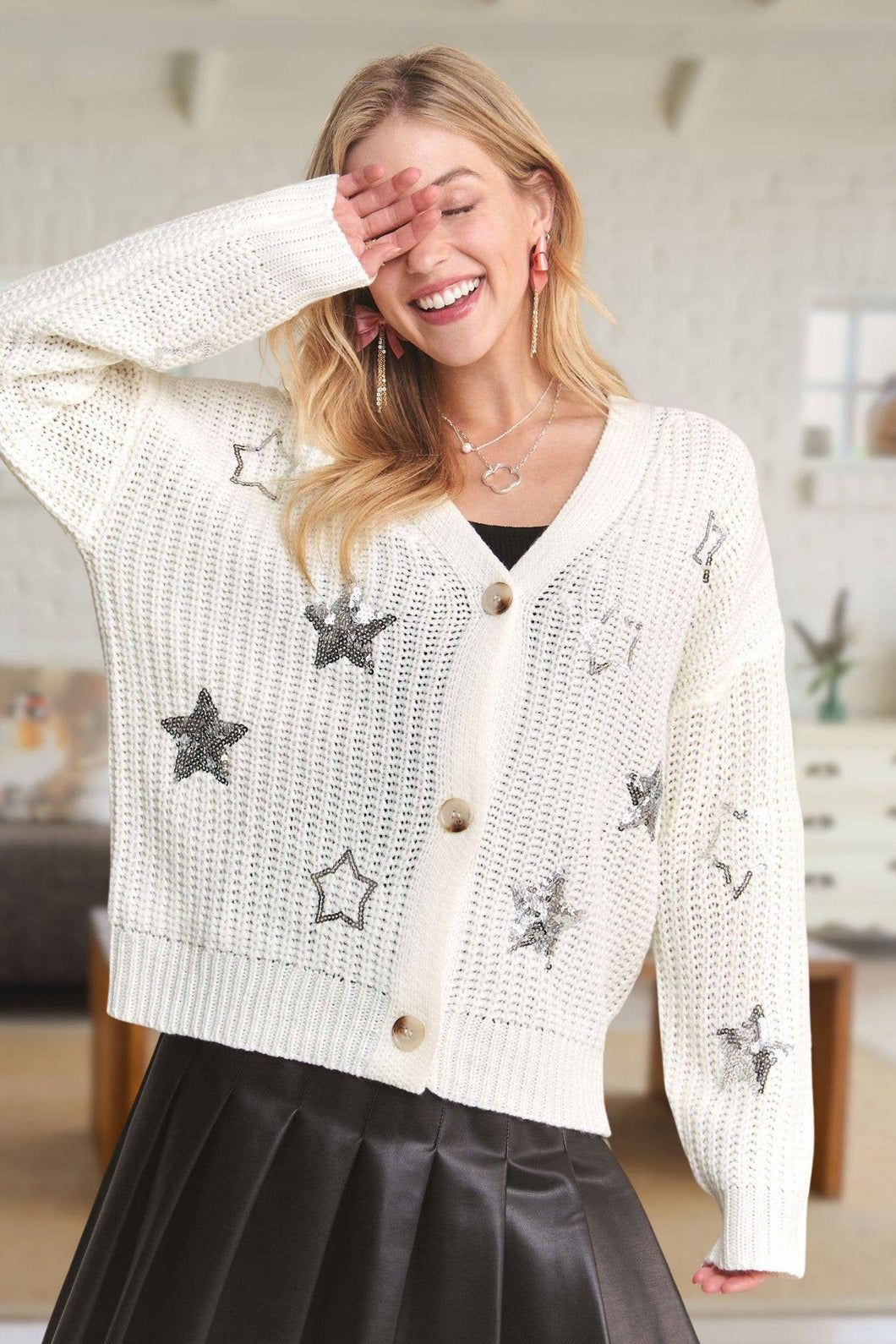 Off White Button Down Sequins Cardigan