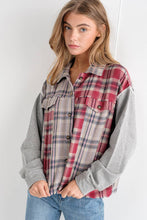 Grey Mix Plaid Front Pocket French Terry Shirt Jacket: