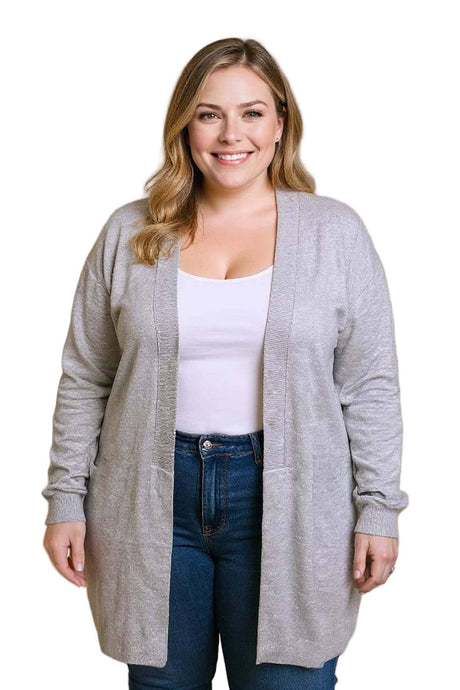 Grey Plus Long Sleeves Open Front Ribbed Cardigan