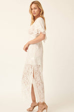 White Lace Square Neck Flounce Sleeve Fitted Maxi Dress