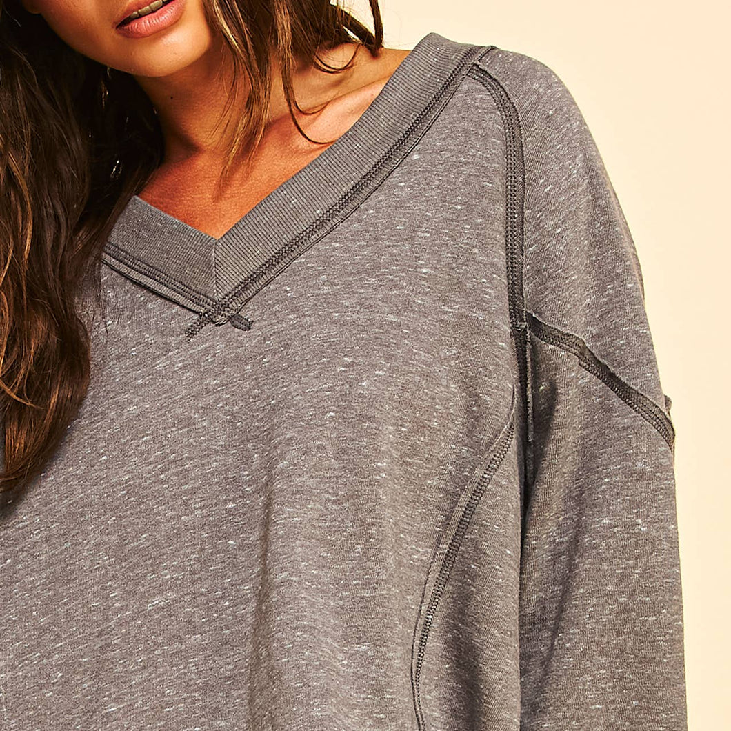 Grey V Neck Pullover Sweatshirt