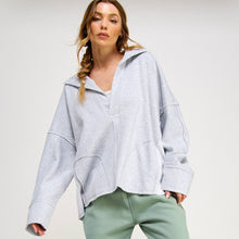 V-NECK POLO OVERSIZED PULLOVER SWEATSHIRT TOP-FZ0015-D2: HEATHER GREY / S