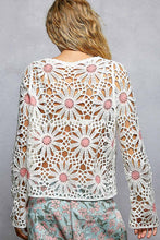 Off White Pink Floral Weave Round Neck Long Sleeve Crochet POL Top