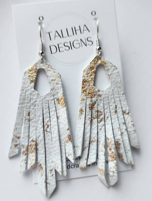 White & Gold Western Boho Genuine Leather Fringe Earrings