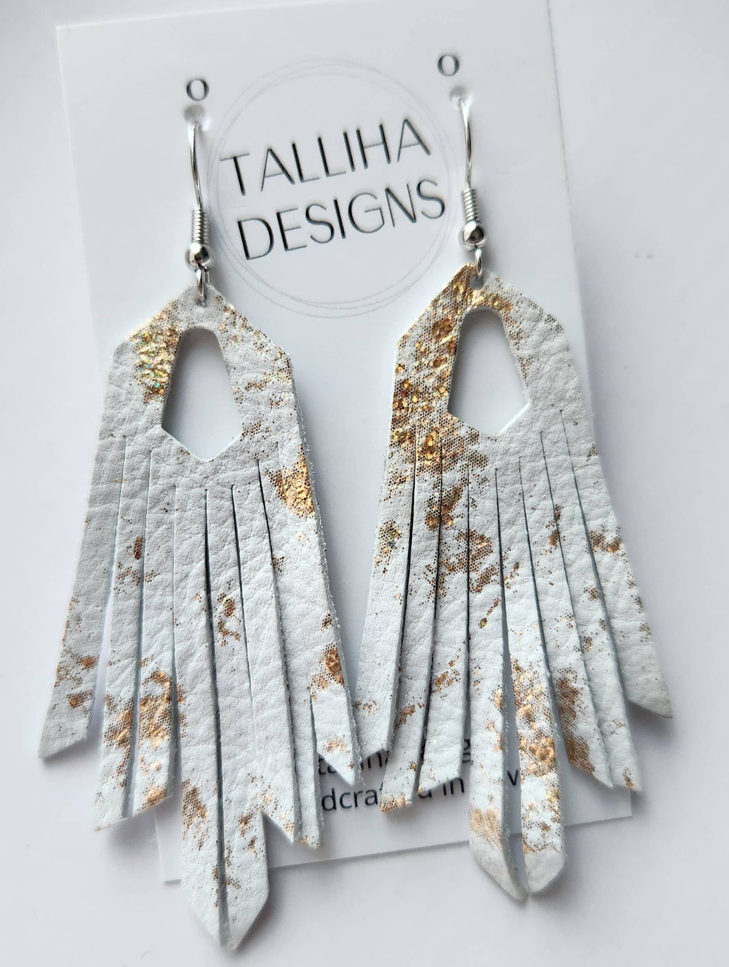 White & Gold Western Boho Genuine Leather Fringe Earrings