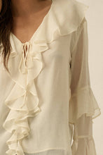 Cream Sheer Chiffon Tie-Front Ruffled Poet Blouse