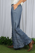 Washed Denim Flared Ruffle Hem Washed Chambray Crop Denim Pants