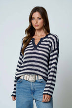 STRIPE RAW EDGE SPLIT NECK SHEER KNIT SWEATER : NAVY