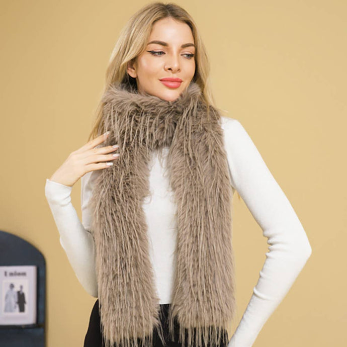 Khaki Fluffy Faux Long Fur Long Wrap Scarf