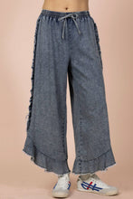Indigo Ruffle Frayed Hem Washed Chambray Pants