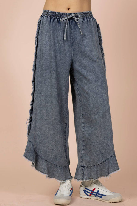 Indigo Ruffle Frayed Hem Washed Chambray Pants