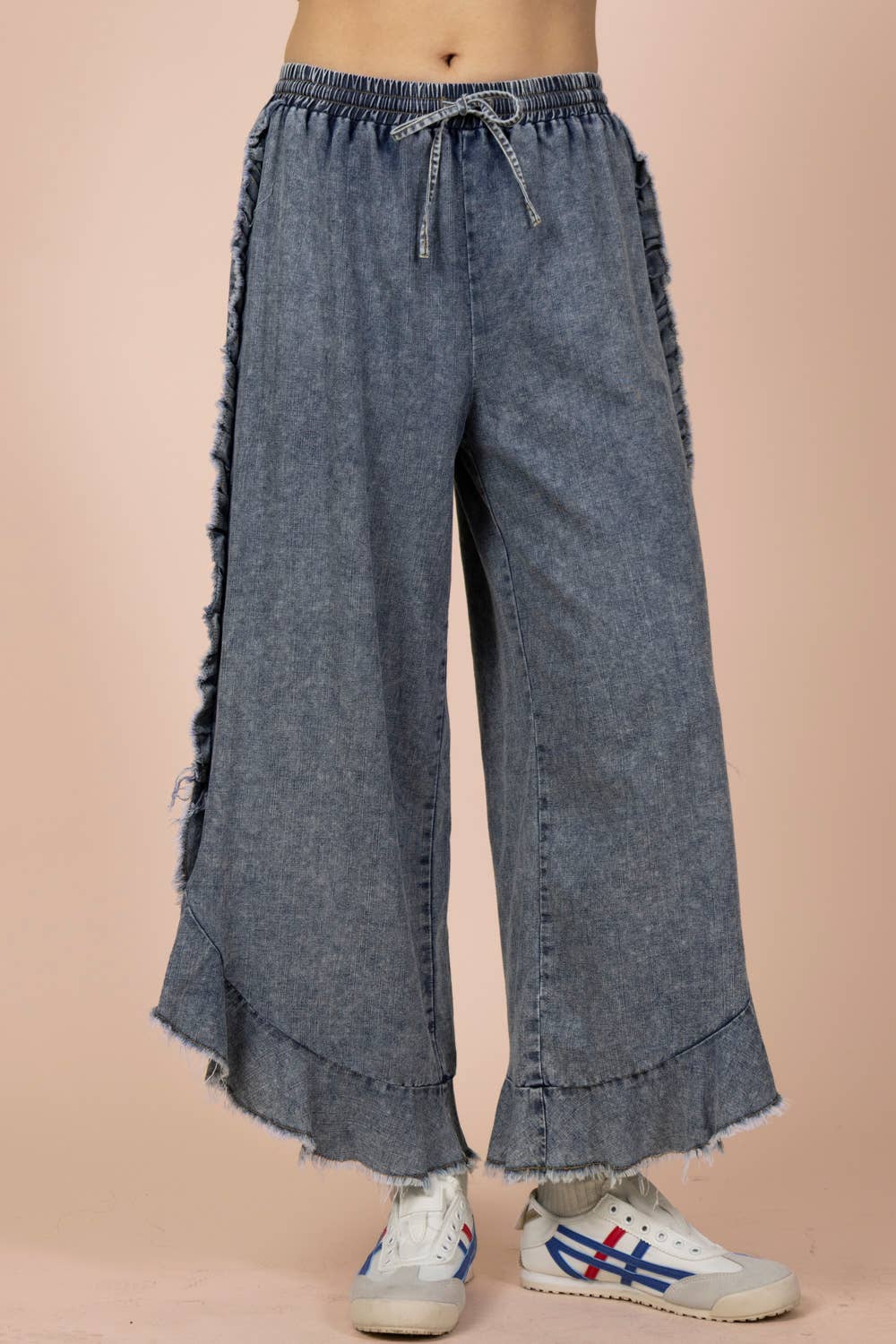 Indigo Ruffle Frayed Hem Washed Chambray Pants