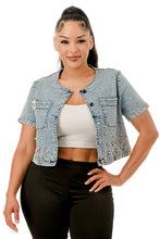 Blue Pearl & Floral Studded Cropped Denim Jacket