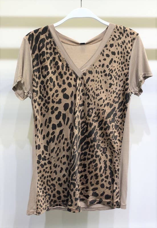 Camel Leopard Silky Satin V Neck Venti Top