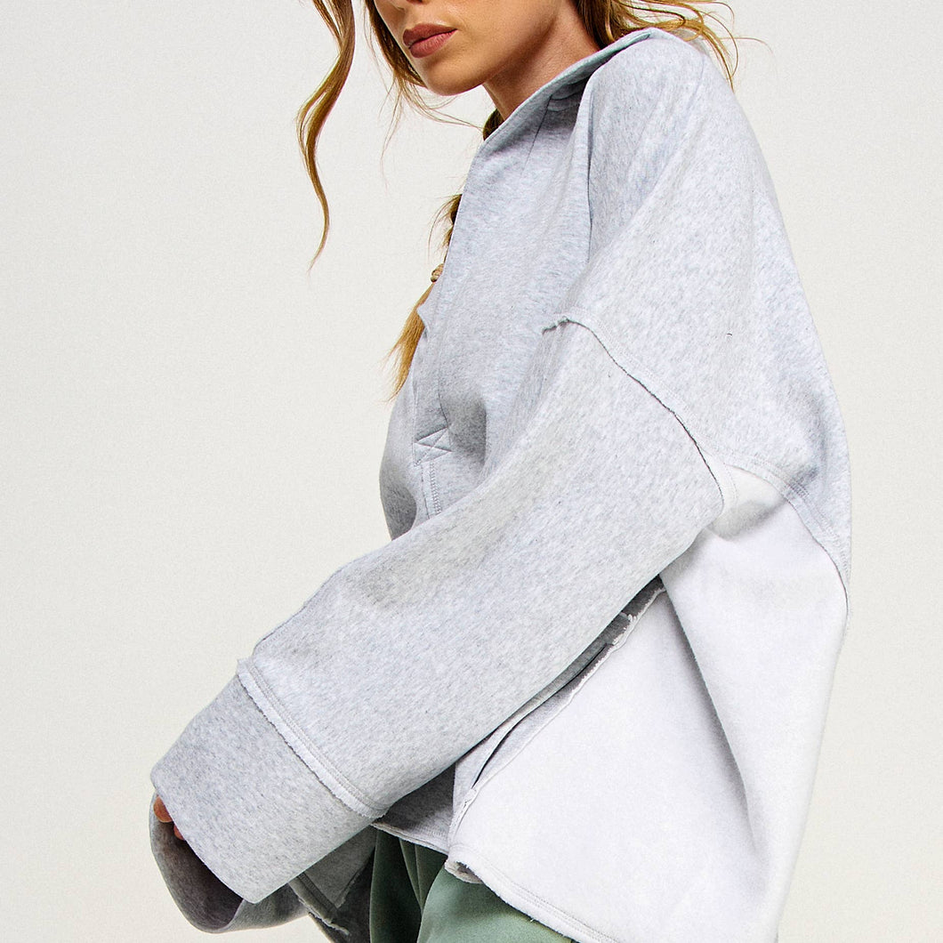 V-NECK POLO OVERSIZED PULLOVER SWEATSHIRT TOP-FZ0015-D2: HEATHER GREY / S