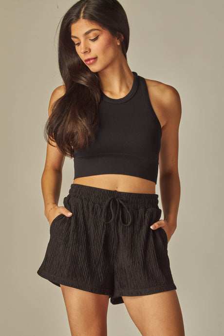Black Crinkled Drawstring Shorts 5/22/25 9903