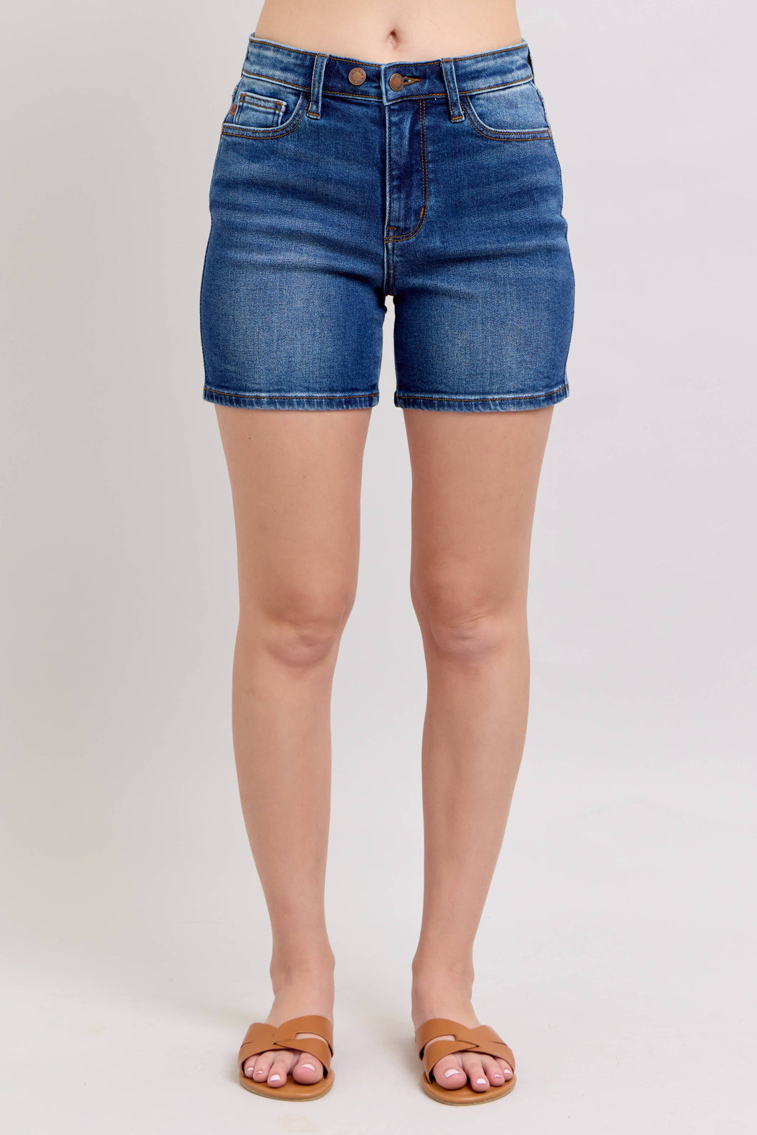 Dark High Waisted 2 Button Mid Length Judy Blue Dad Shorts
