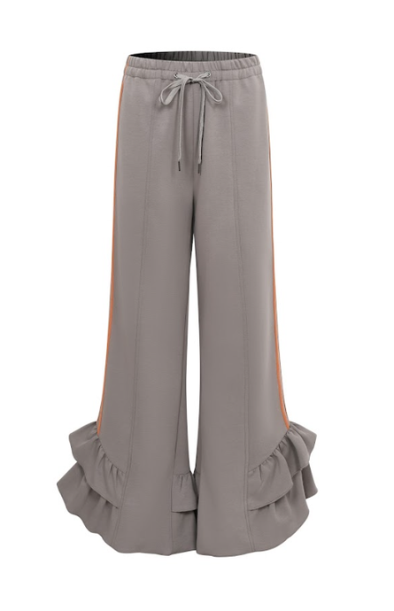 Dark Grey Orange Ruffled Hem Wide Pants