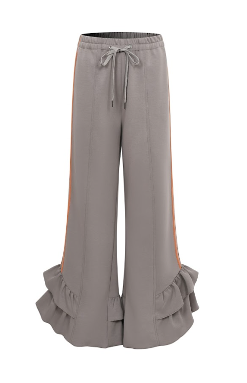 Dark Grey Orange Ruffled Hem Wide Pants