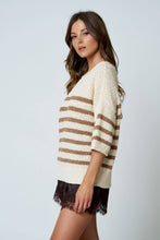 STRIPE TEXTURED KNIT HALF SLEEVE KNIT SWEATER (PRE-ORDER): NAVY