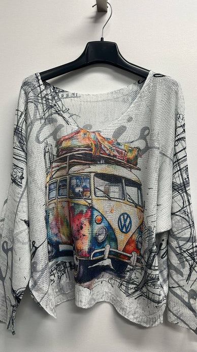 Van Multicolor V-Neck Knit Printed Sweater