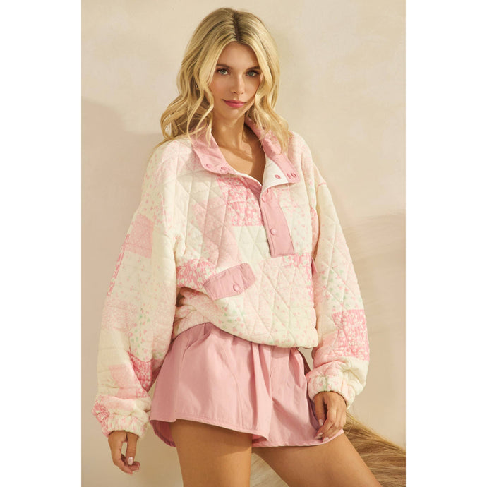 Pink Combo Textured Contrast printed Quarterzip Veveret Sweater