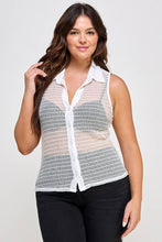 White Plus Size Collared Mesh Smock Glitter Button Down Top