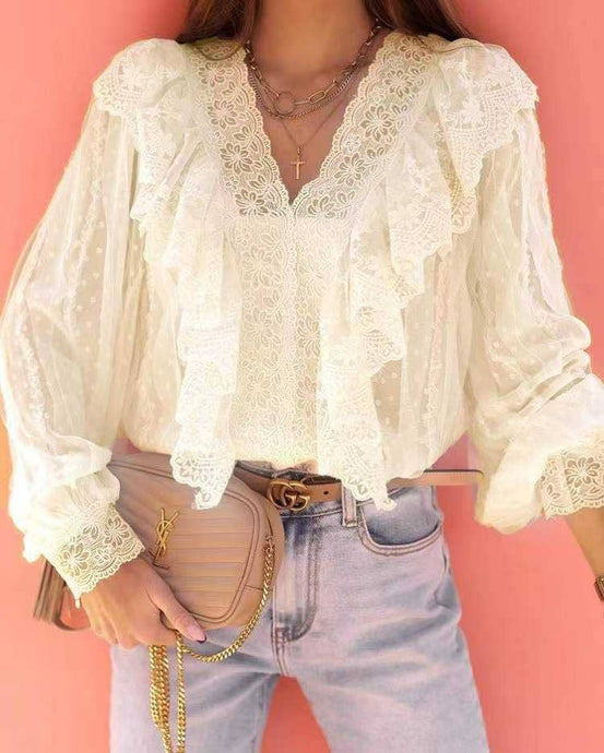 Beige Ruffled Lace Long Sleeve Blouse