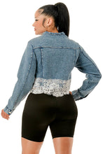 Blue Lace & Pearl Embellished Cropped Denim Jacket