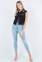 Black Embellished Pearl Beaded Denim Vest