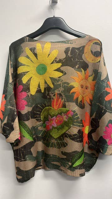 Camo Floral Round Neck Knit Printed Sweater