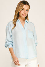 Light Blue Pearl Pocket Relaxed Button Down Blouse